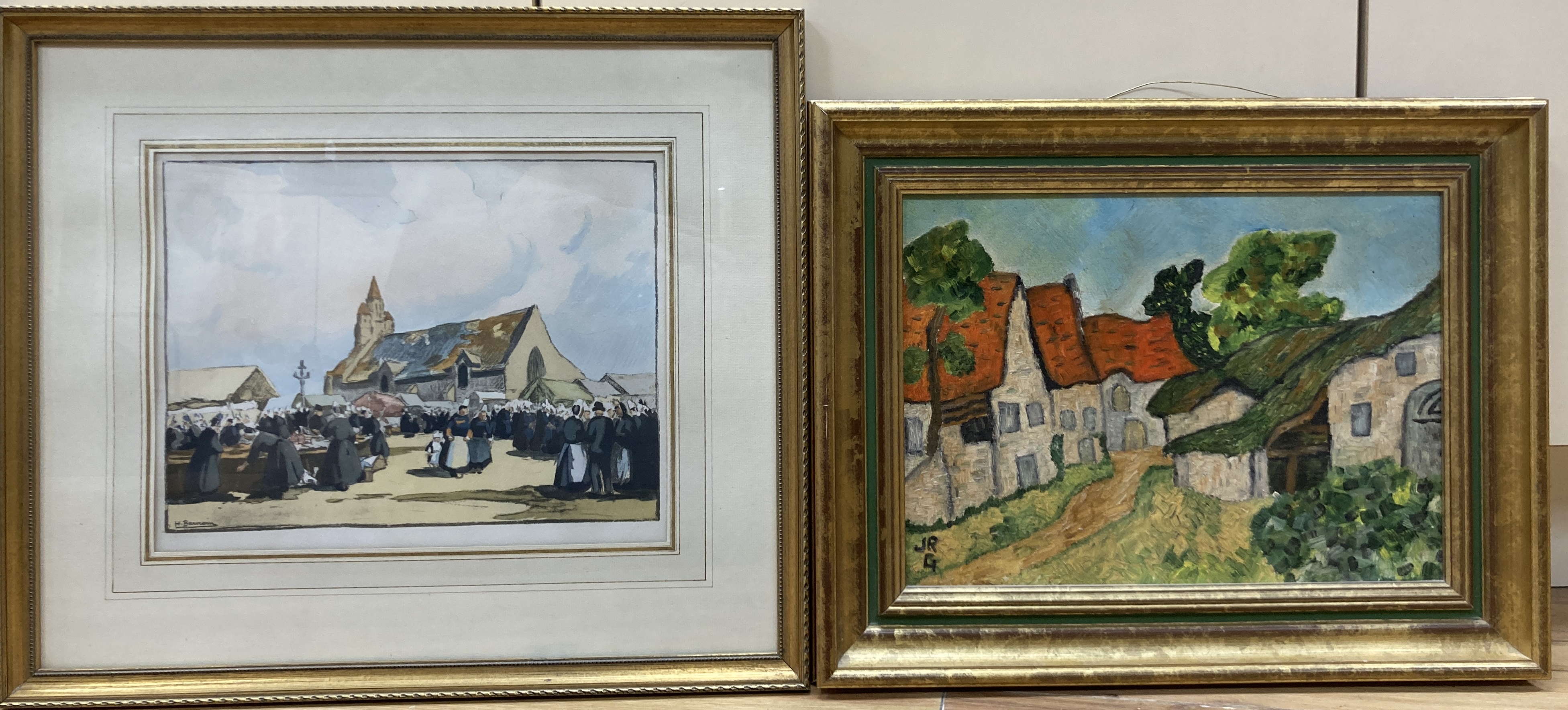 After Van Gogh, oil on canvas, Village scene, initialled JRG, 23 x 32cm and an H.Barnoin, lithograph